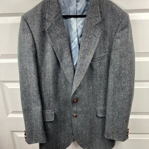 Saville Row Wool Tweed Blazer Men Herringbone Sport Coat Gray Jacket 42L
